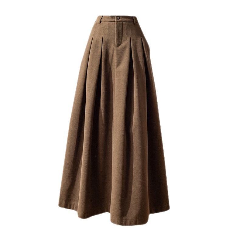 High Waist Korean Style Large Swing Pleated Slimming Woolen Long Skirt