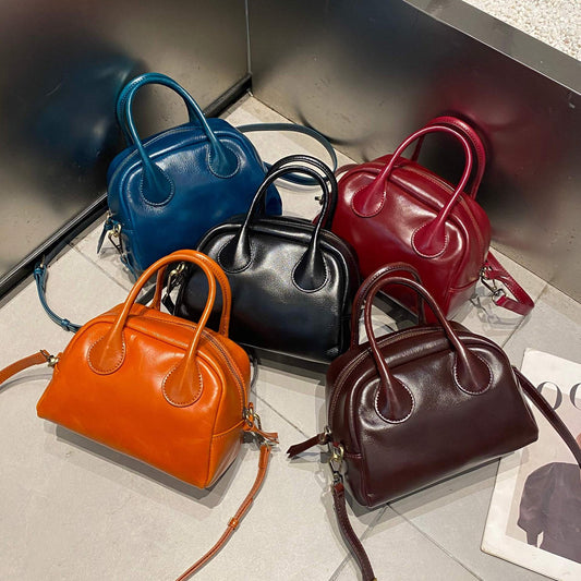 Versatile Genuine Leather Exquisite Hand-held Crossbody Mini Small Bowling Bag
