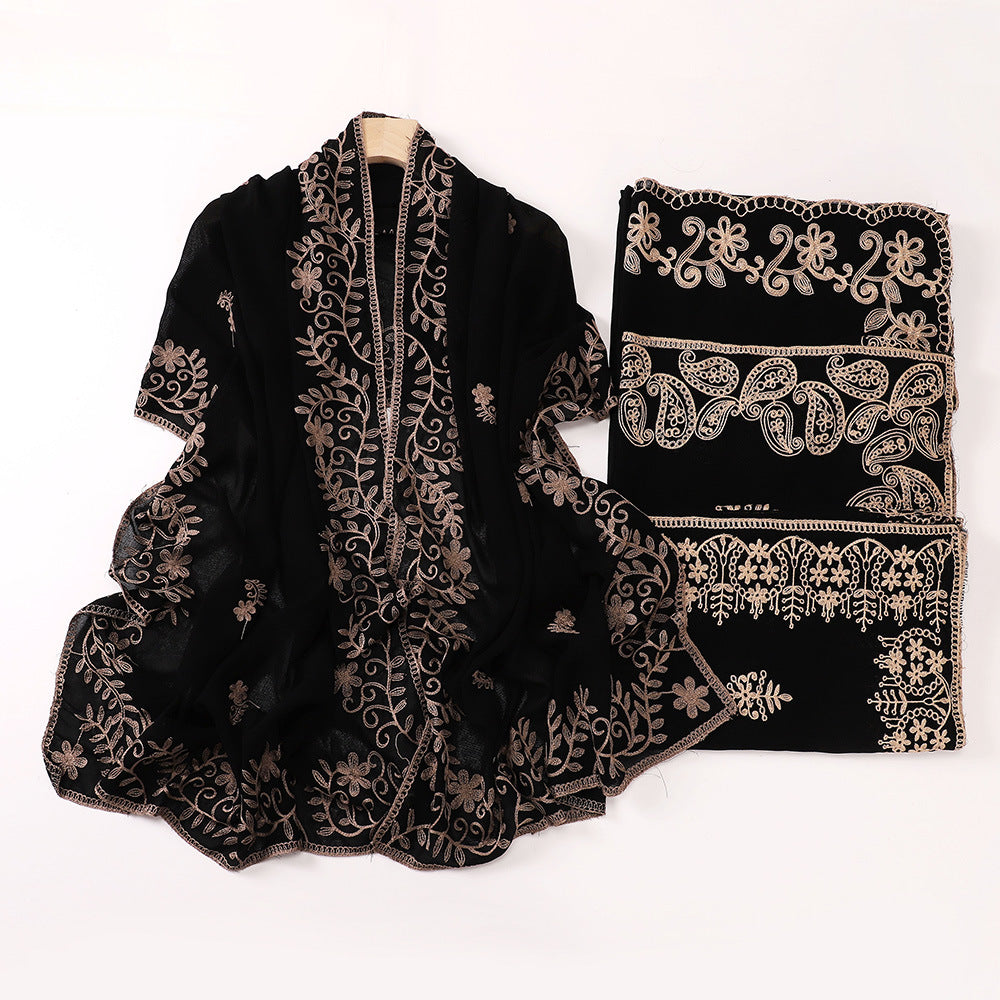 Ethnic Style Black Embroidered Toe Cap Shawl Scarf