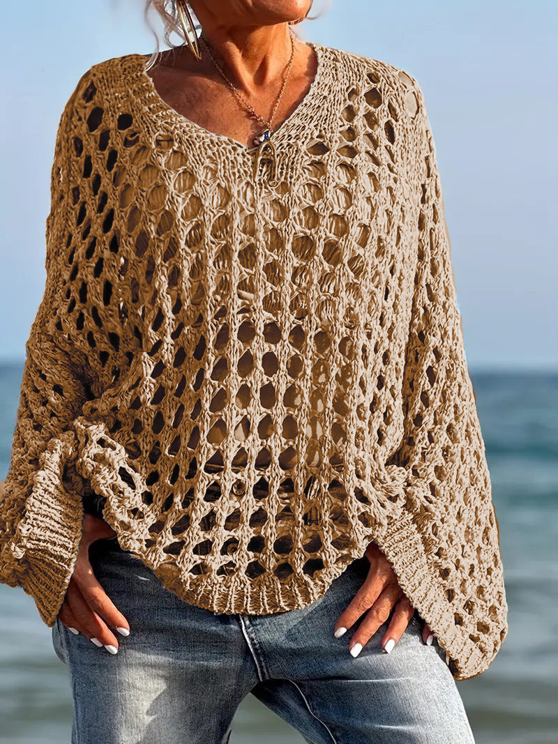 Loose Leisure All-matching Hollow Long Sleeve Plus Size Women's Knitted Sweater