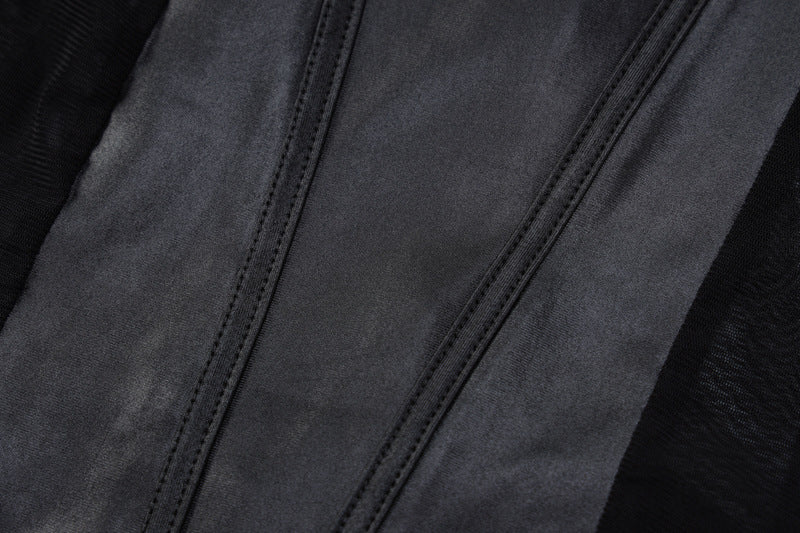New Ins Stitching Mesh Round Neck Back Long-sleeve Zipper Jumpsuit