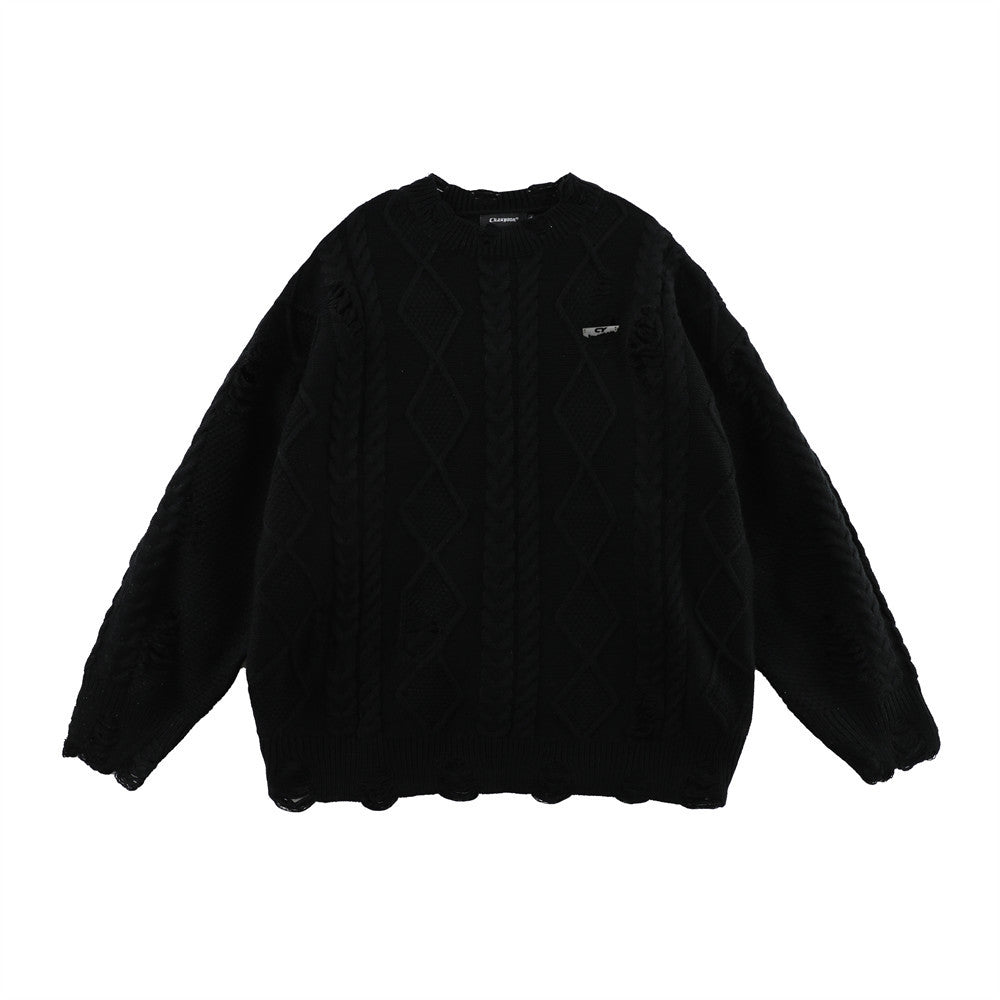 Idle Style Ripped Twist Round Neck Knitted Sweater