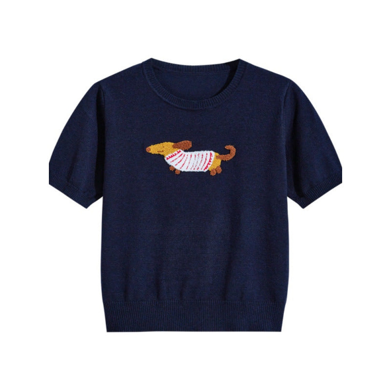 Cartoon Puppy Round Neck Knitted T-shirt Shory Style T-shirt