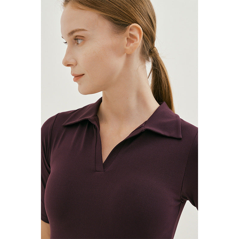 Sexy Slim Fit Short Sleeve Yoga Suit T-shirt Polo Collar Top Nylon Nude Feel Exercise Workout Clothes