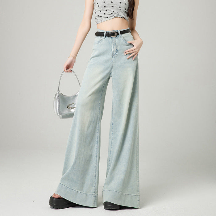 Dark Blue Narrow Version Korean Simple High Waist Loose Small Mop Wide Leg Pants