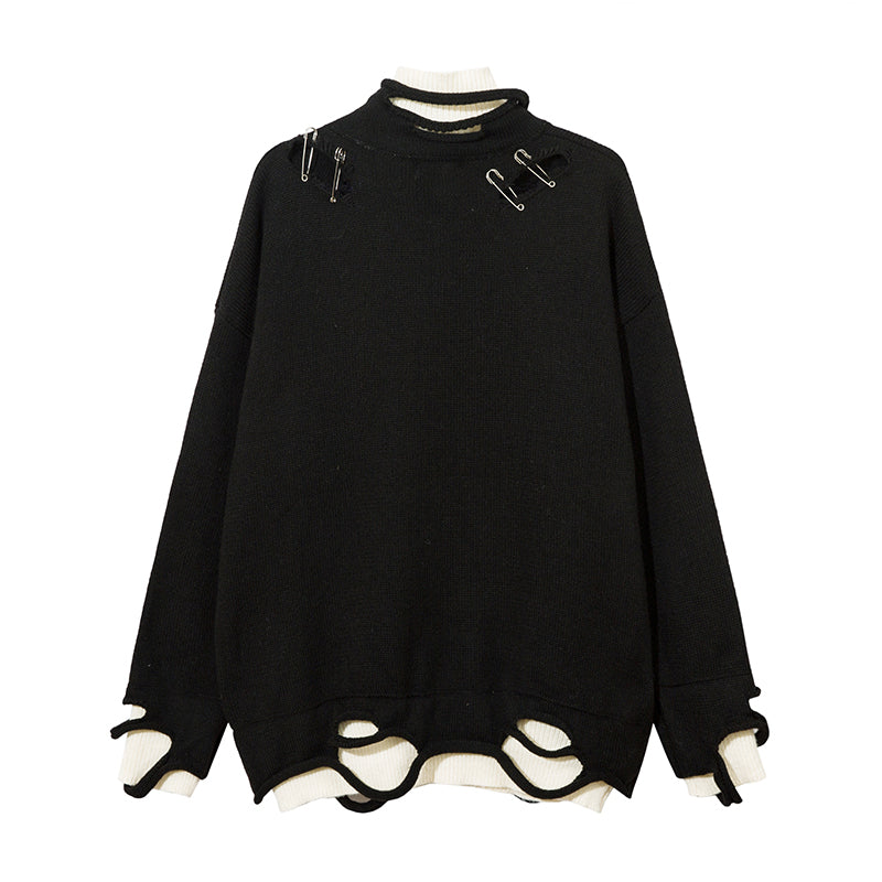 Fake Two-piece Color Matching Turtleneck Letter Cut Ripped Sweater