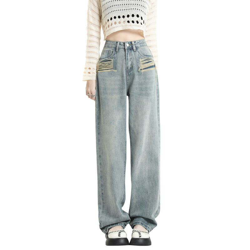 Women's Fashion High Waist Ripped Straight Trousers