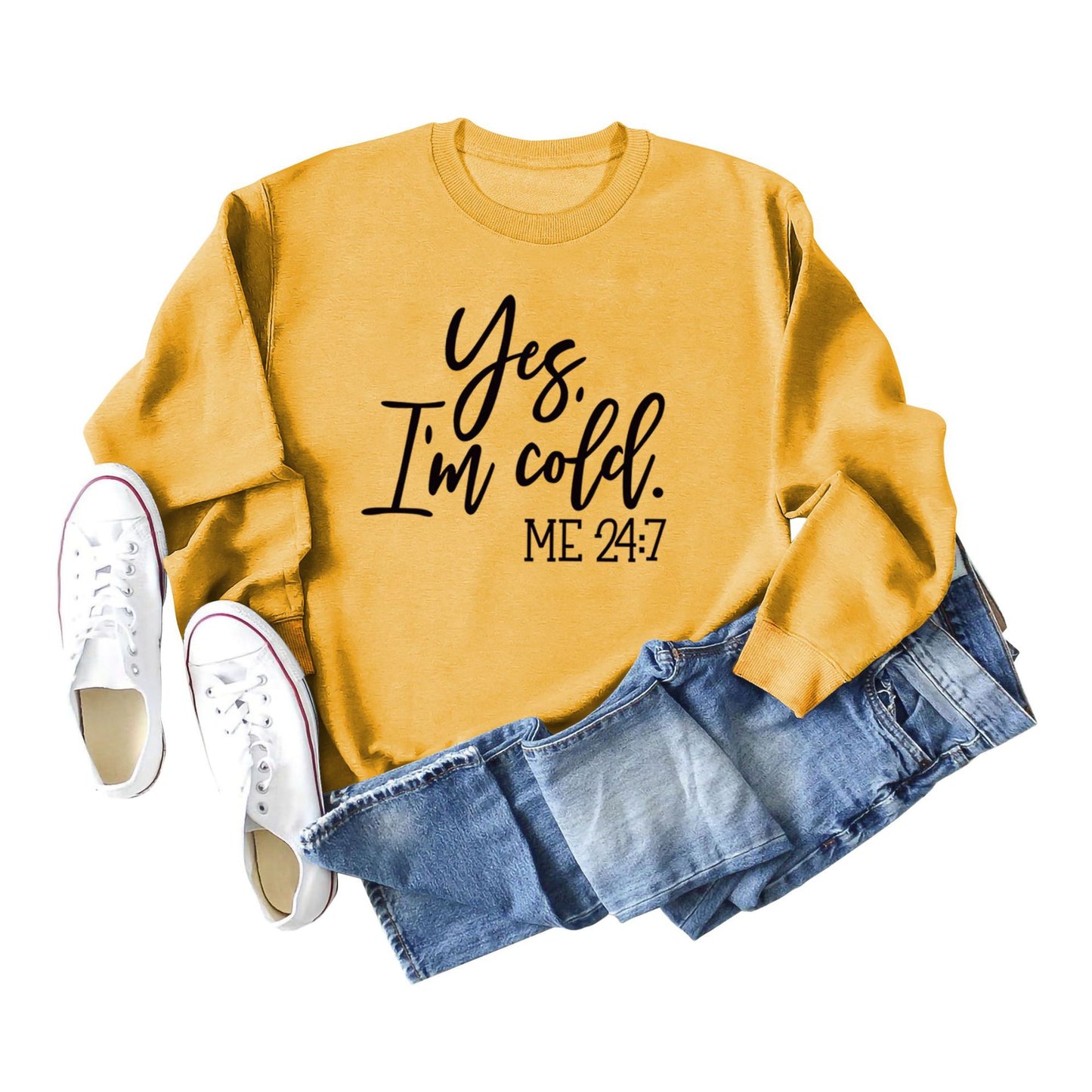 Loose Casual Letter Print Sweatshirt Yes' I M Cold New Round