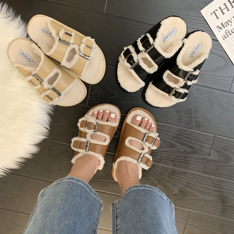 Autumn And Winter Outer Wear One-piece Lamb Wool Sandals