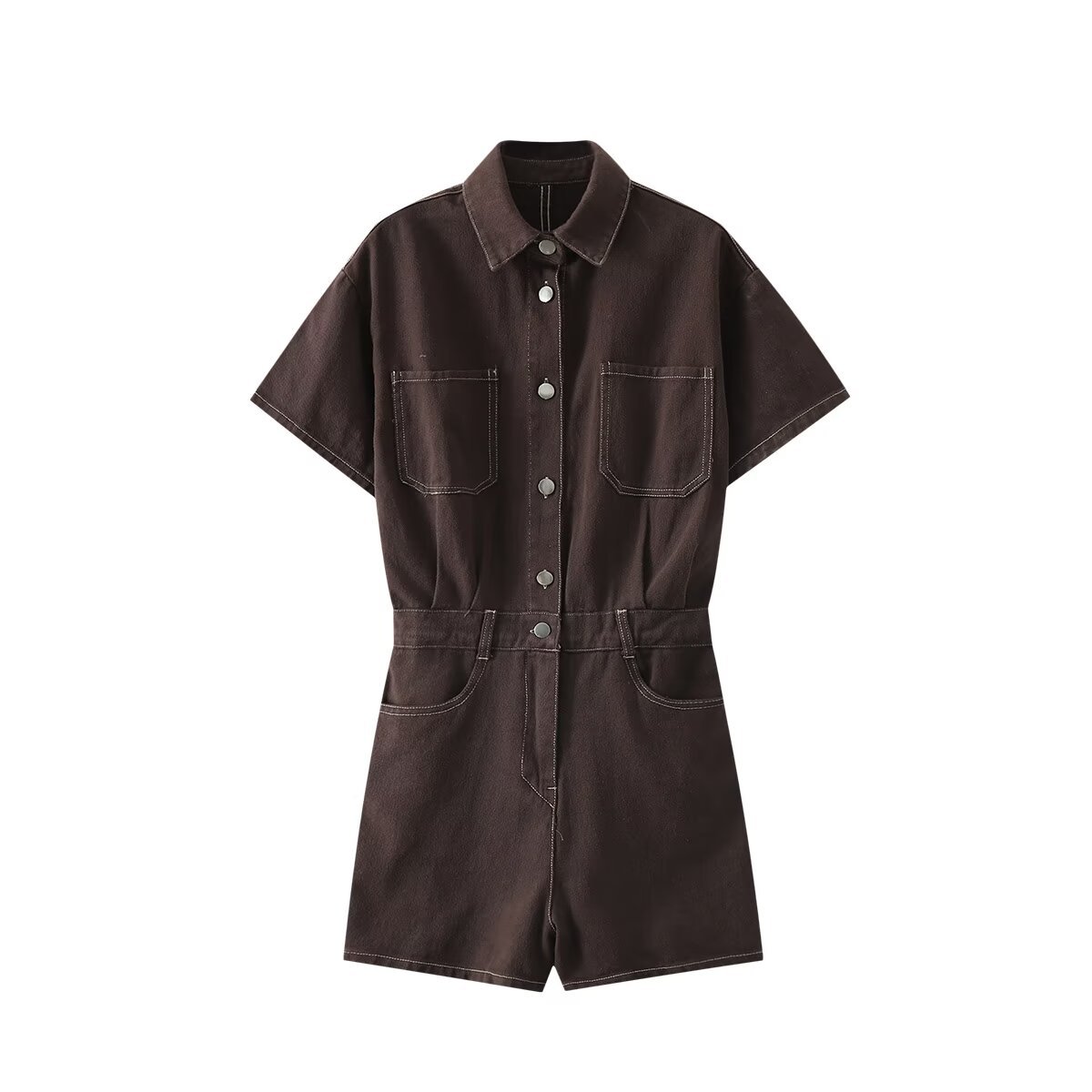 Summer New Women's Elegant Lapel Short Sleeve Waist-controlled Short Denim Jumpsuit