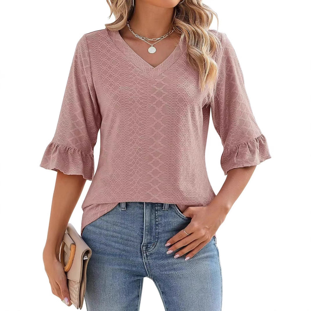 Women's Printed Hollow Ruffle Sleeve Casual Short-sleeved Top