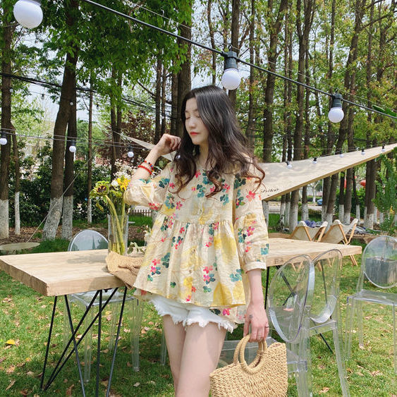 Doll-krave Top Sommer Nyhed Løstsiddende Vintage Bluse med Pufærmer