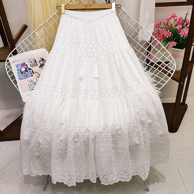 High Waist Stitching Crocheted Fairy Large Swing A- Line Mid-length
