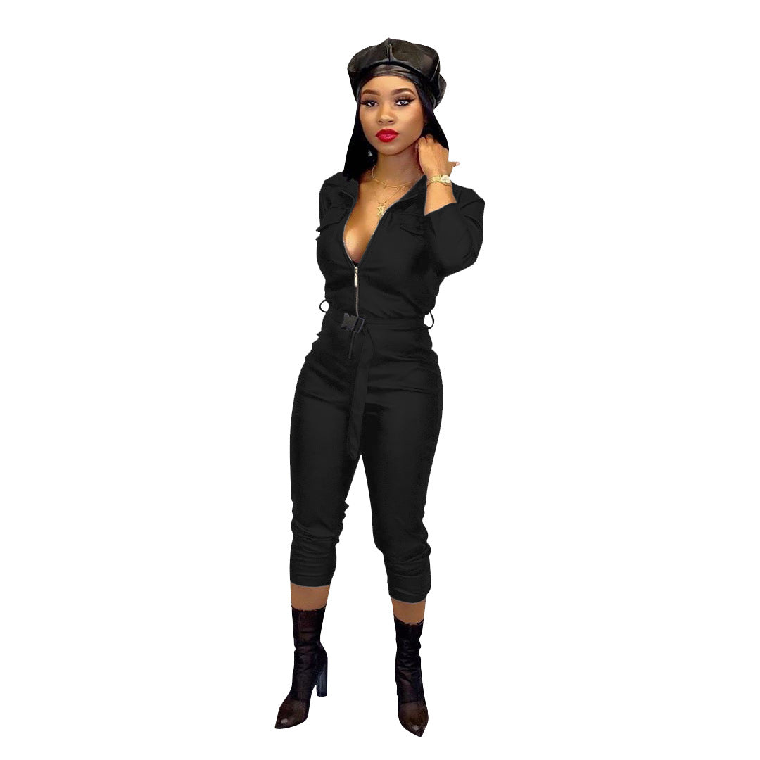 Women's Casual Fashion Solid Color High Elastic Leather Jumpsuit