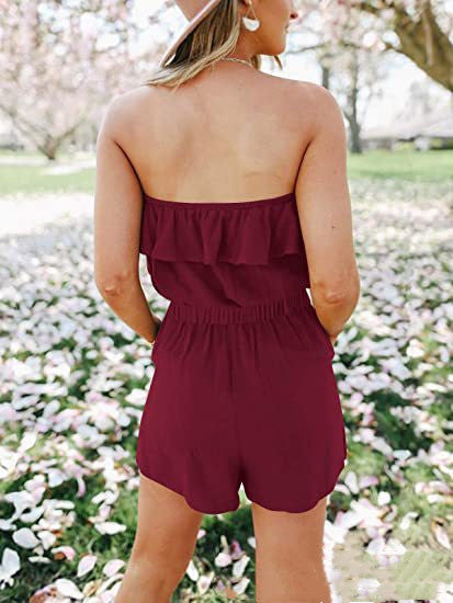 Off Shoulder One-shoulder Lotus Leaf Flat Solid Color Multicolor Jumpsuit Women