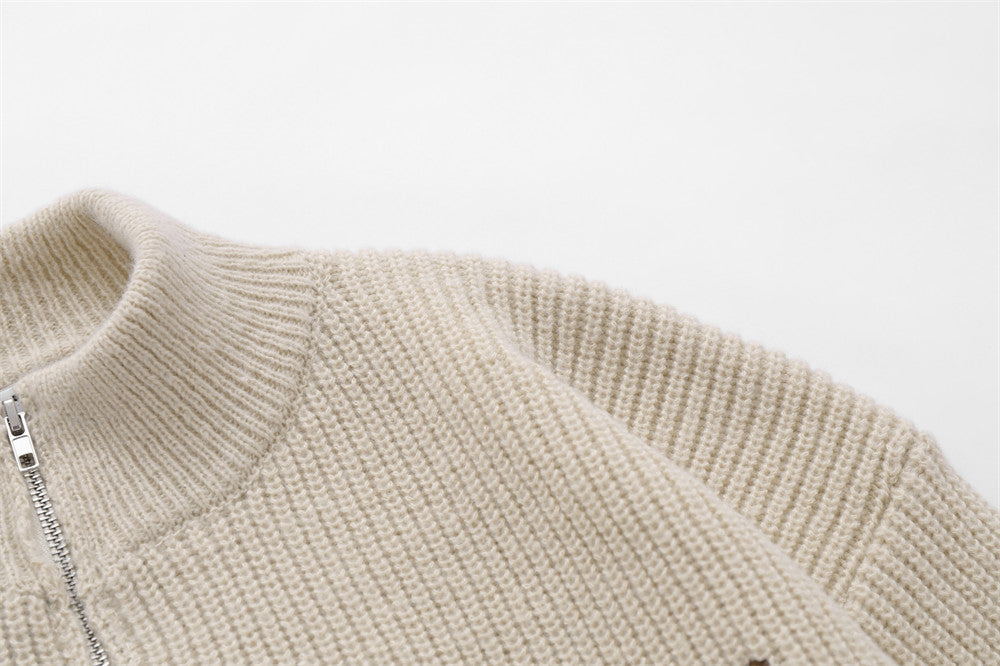 Letter Embroidered Stand Collar Zipper Cardigan Sweater Men's Clothing