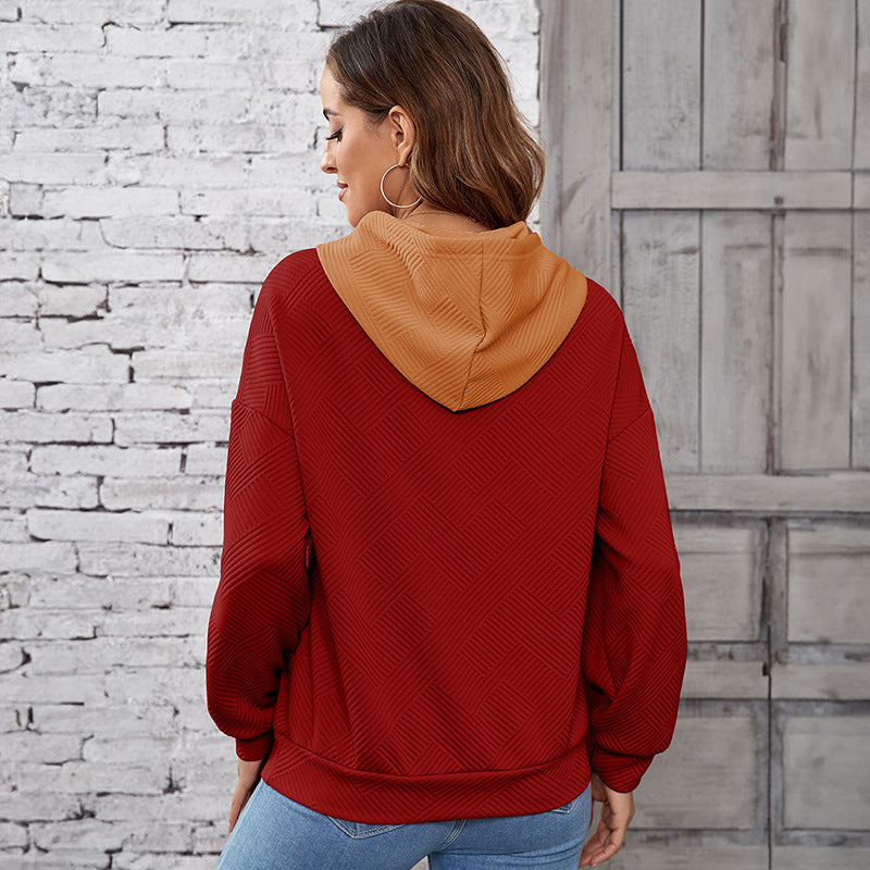 Winter Contrast Color Patchwork Hoodie Women's Loose Shoulder Pullover Top
