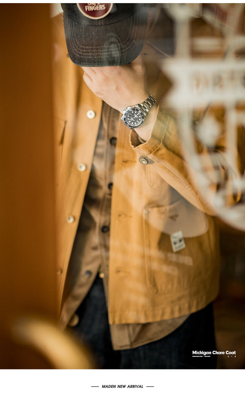 Retro Heavy Canvas Workwear Jacket Lapel Multi-pocket Jacket