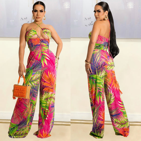 Women's Fashion Digital Print Wrap Chest Wide Leg Pants
