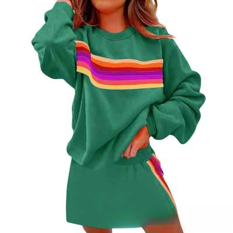 Simple Loose Rainbow Round Neck Sweater Trousers Two-piece Set