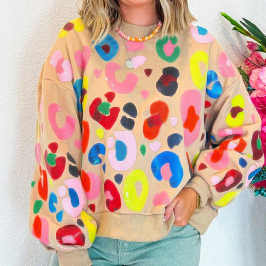Vinter leopardprint sweatshirt med rund hals