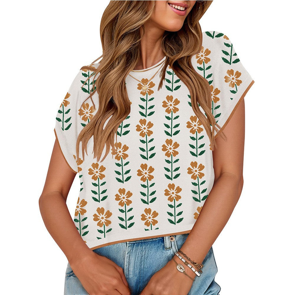 Midriff-baring Short Sleeve Color Block Round Neck Knitted Little Flower Sweater Short