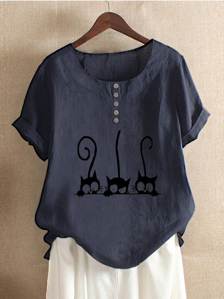 New Fashion Cat Print Round Neck Loose T-Shirt