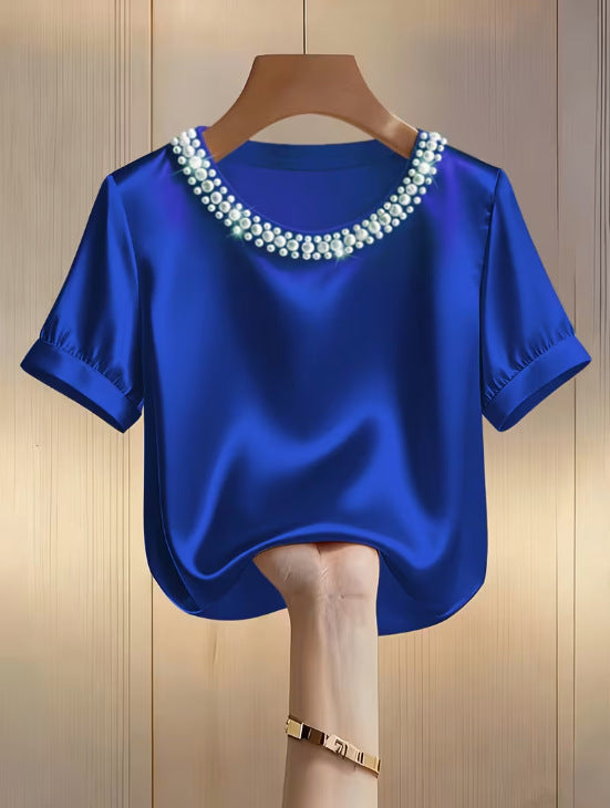 Sleek Stylish And Elegant Beaded Crew-neck Short-sleeve T-shirt