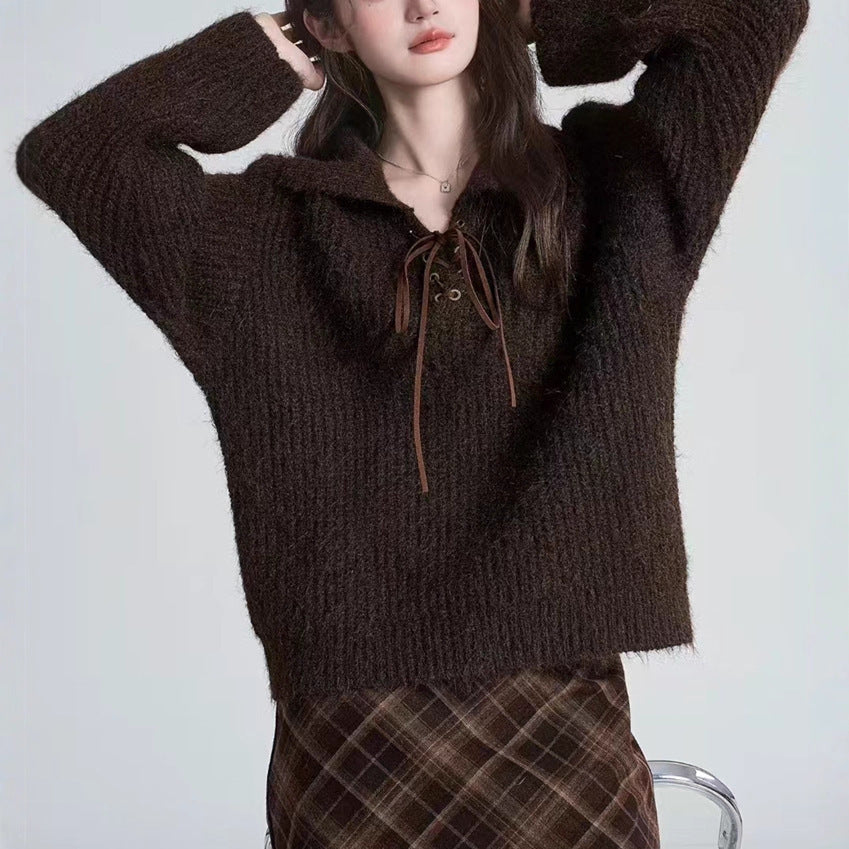 Loose Top Vintage Lace-up Polo Collar Women's Sweater
