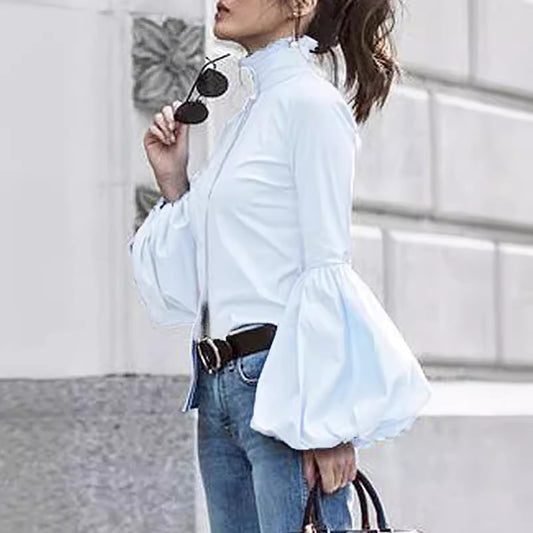 Stand Collar Puffy Sleeve Tup Cardigan Long Sleeve Lapel Shirt
