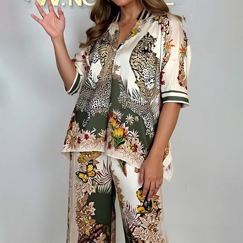 Fashionable Casual Printed Button-up Shirt And Straight-leg Pants Set