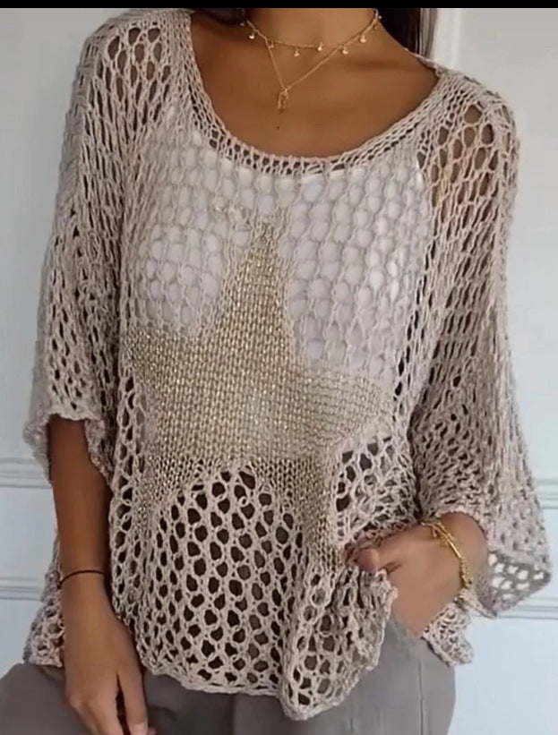 Five-Star Round Neck Sweater Women's Three-quarter Sleeve Top