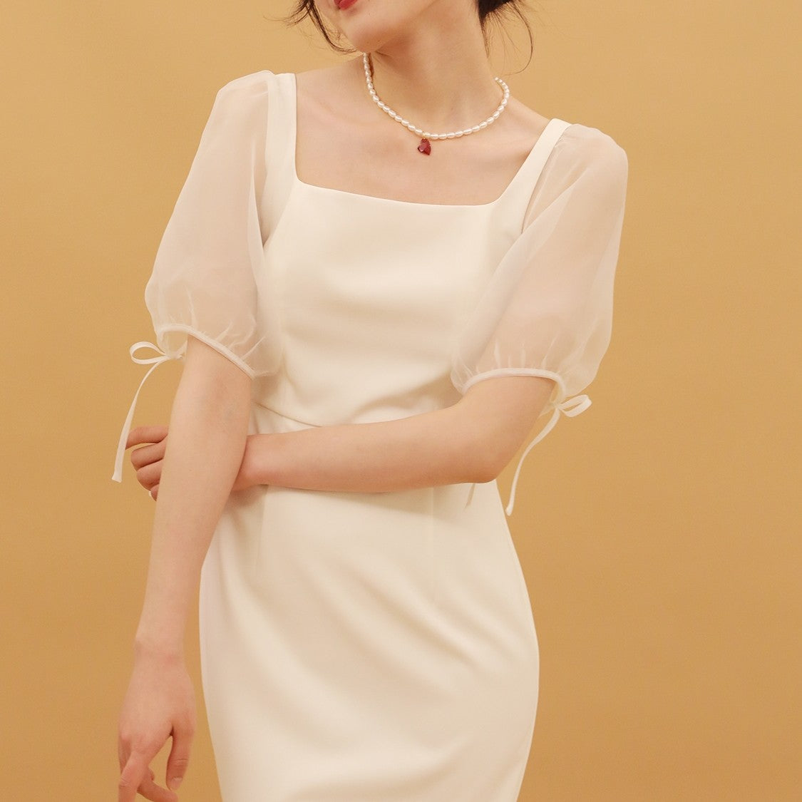 Mesh Bubble Sleeve Slimming High Waisted Fishtail Skirt
