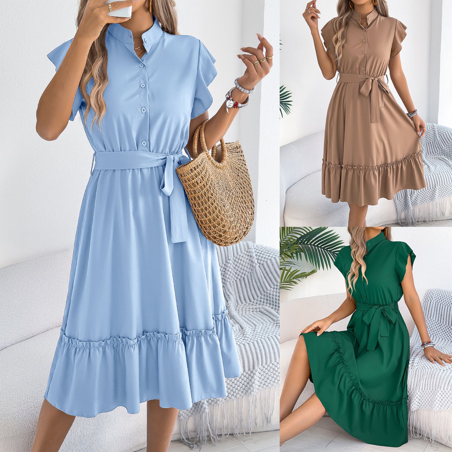 Stand-collar Ruffled Shirt Dress With A Tie Waist