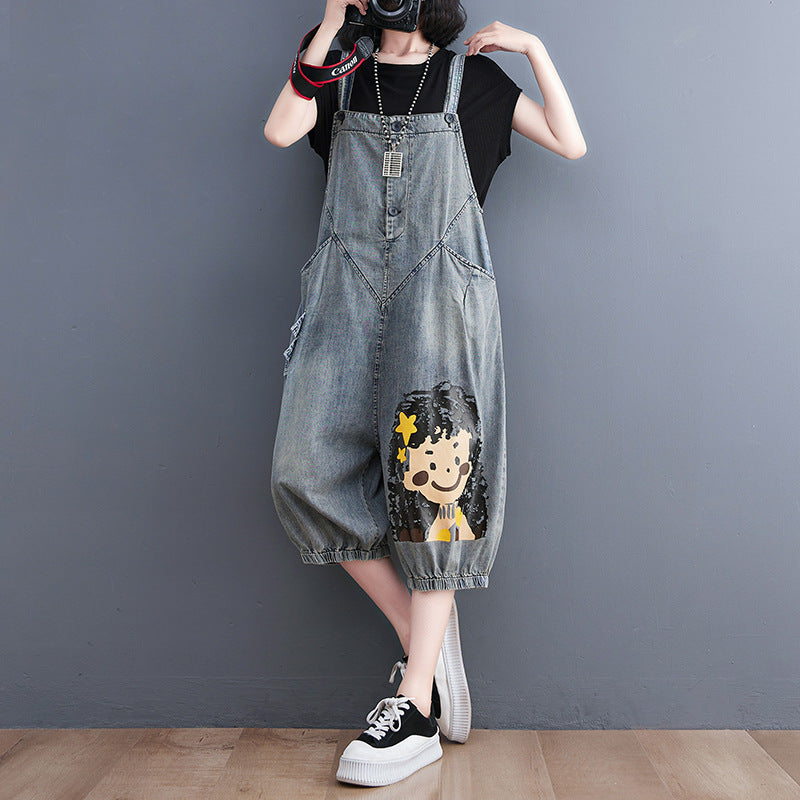 Women's Large Size Loose Thin Denim Overalls
