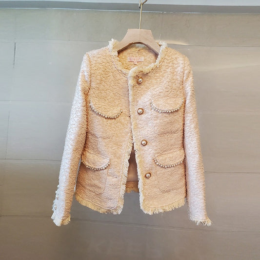 Cappotto in tweed sottile con frange in lana per donna autunno e inverno