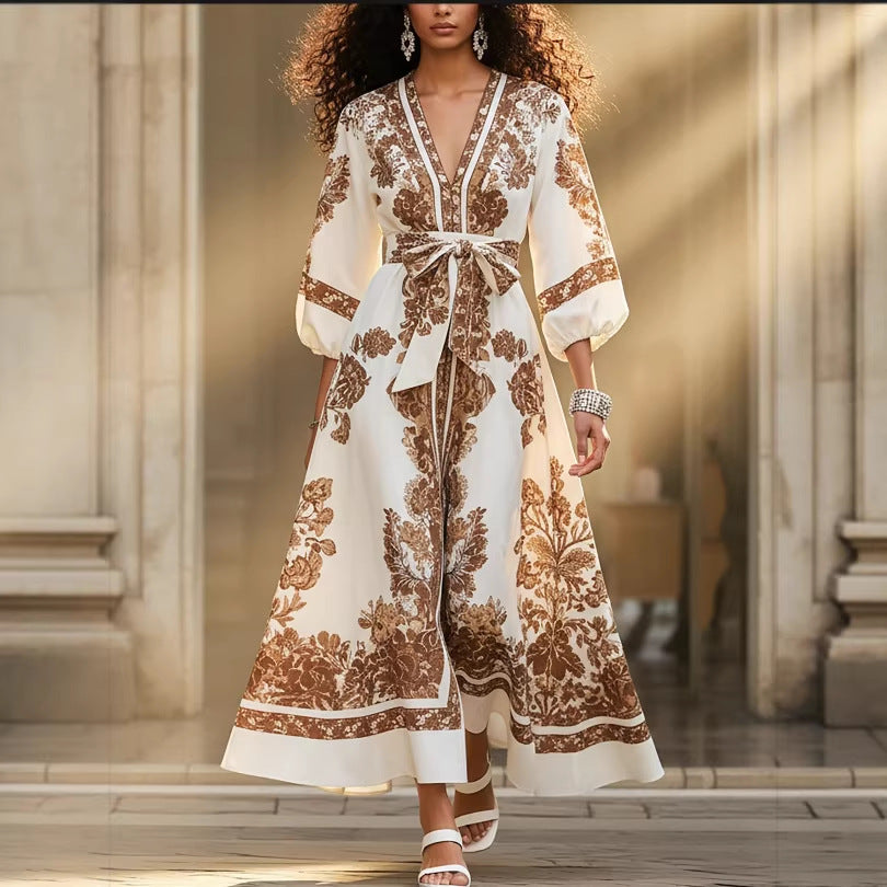 Elegant Printed V-Neck Dress With Puffed Sleeves