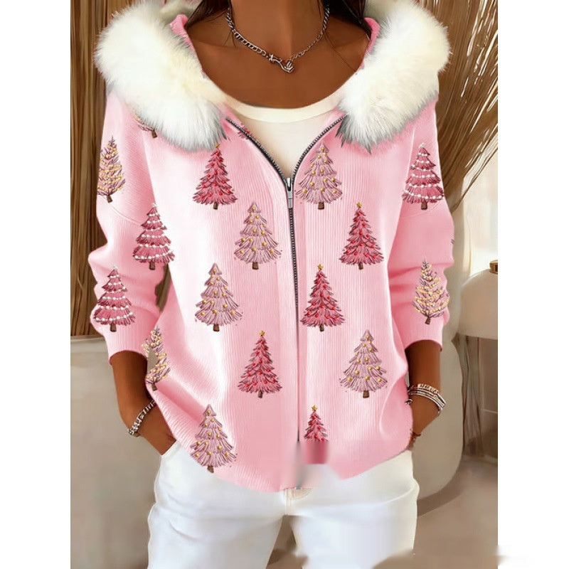 Stilfuld 3D Digital-Print Cardigan Til Damer Med Faux Fur Hætte