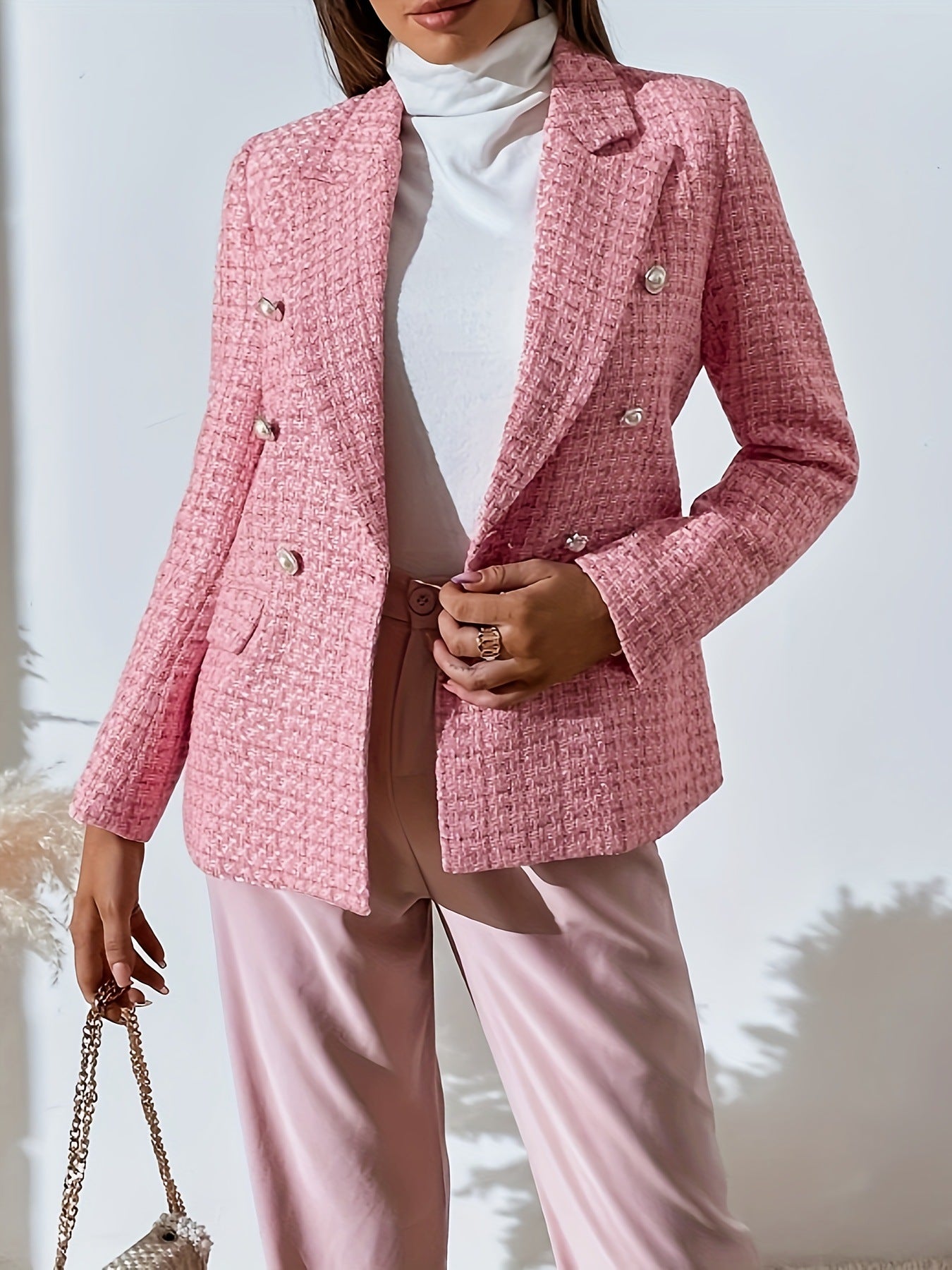 Double Breasted Notched Lapel Blazer Elegant Long Sleeve