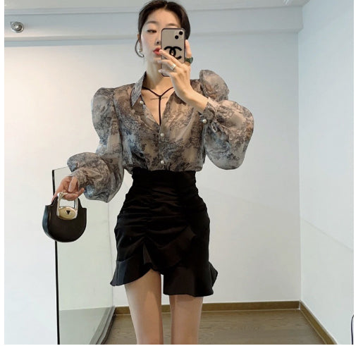 Chinese Style Ink Painting Printed Shirt For Women