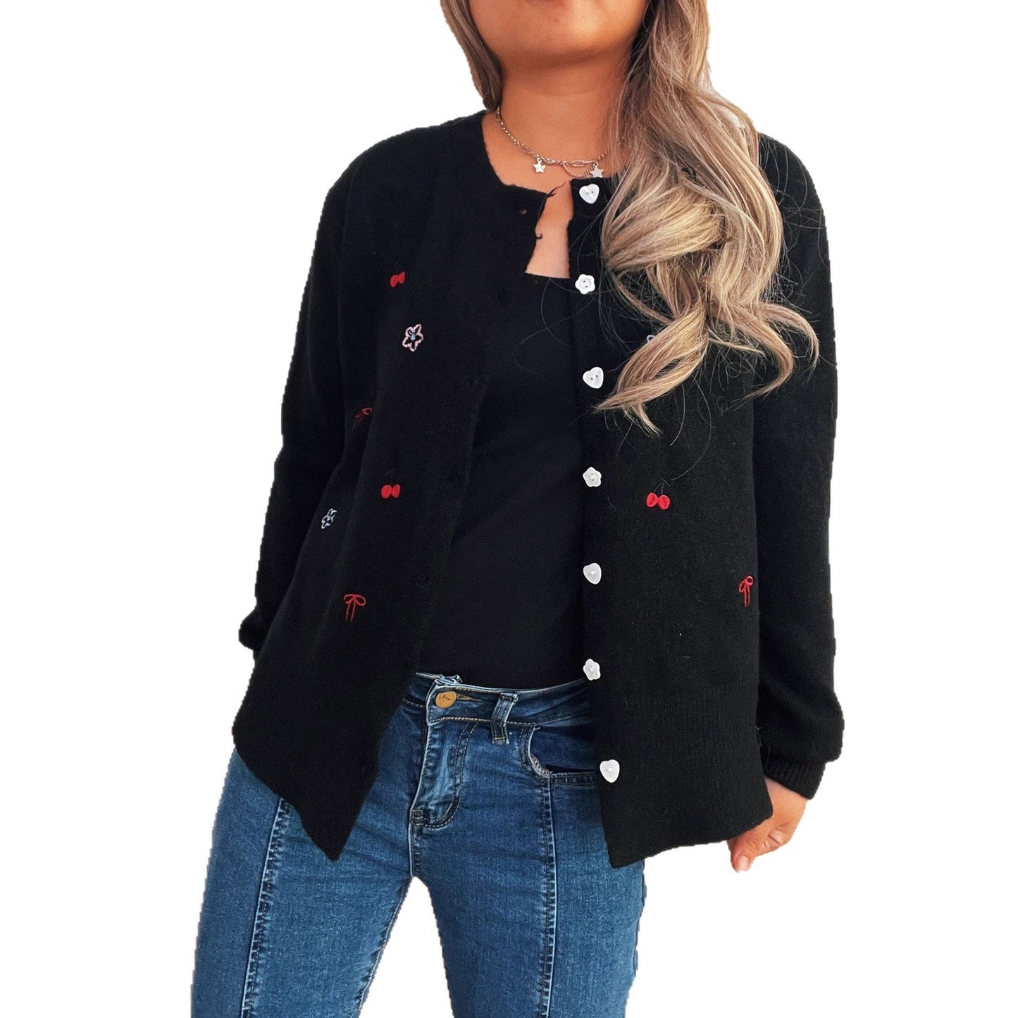 Flower Embroidery Personalized Button Single-breasted Knitted Cardigan Sweater