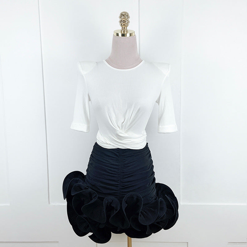 Skirt A- Line French Minority Design Heavy Industry Satin Pleated Three-dimensional Flower Hip Skirt