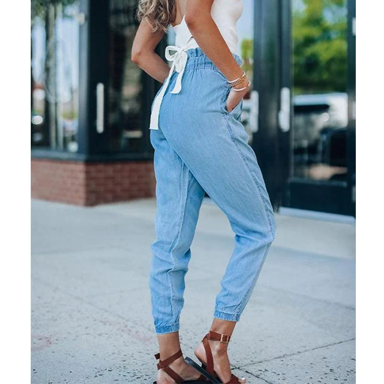 Lace-Up Slim Slimming Denim Trousers