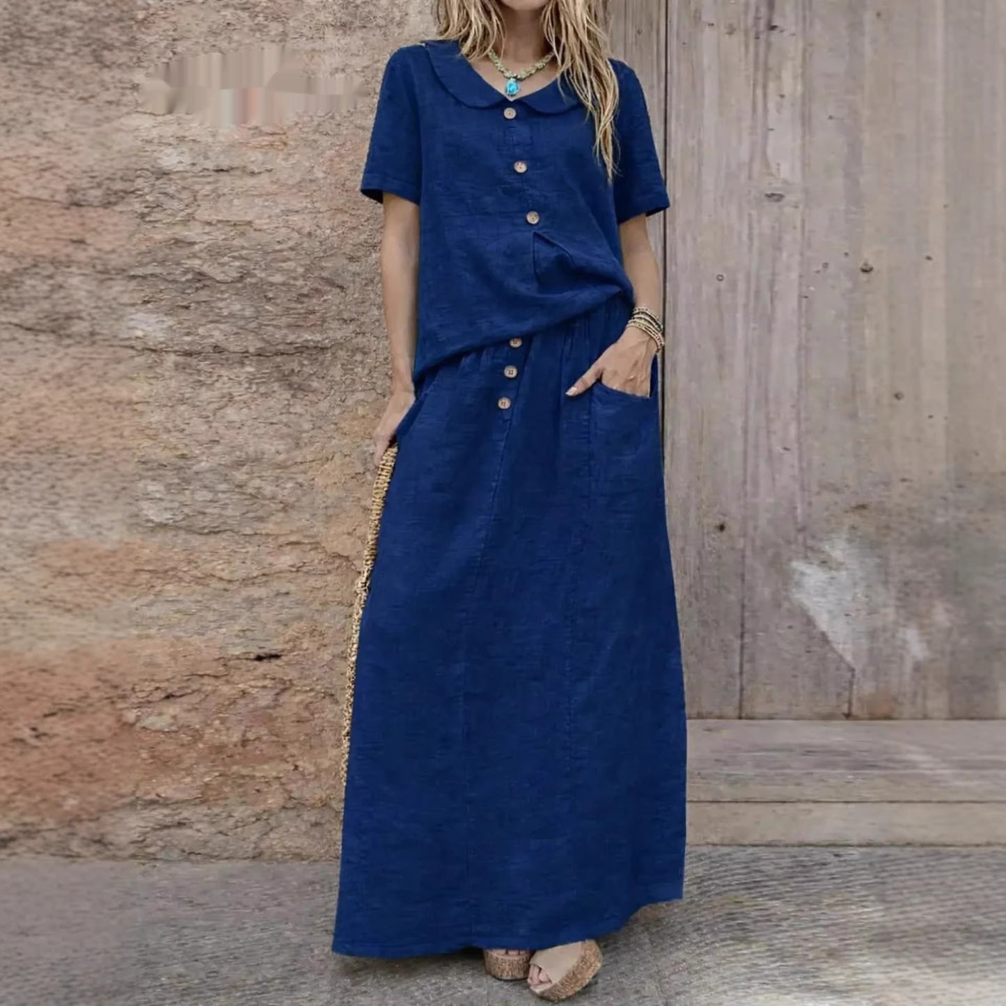 Womens Casual Solid-Colored Cotton-Linen Loose Two-Piece Skirt Set