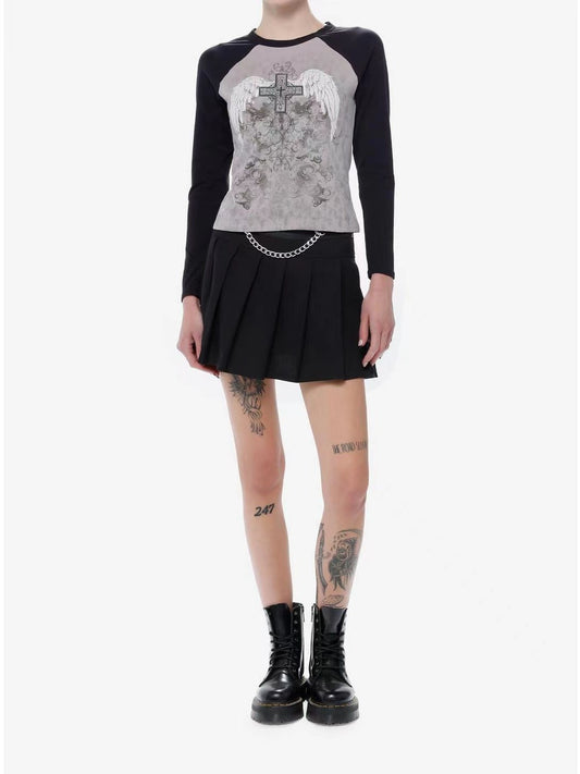 American-style Retro Patchwork Contrast Color Raglan Printed Wings T-shirt