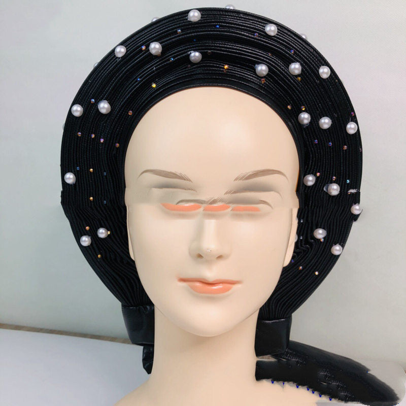 Arabian Large Pearl Women's Jacquard Pleated Braided Turban