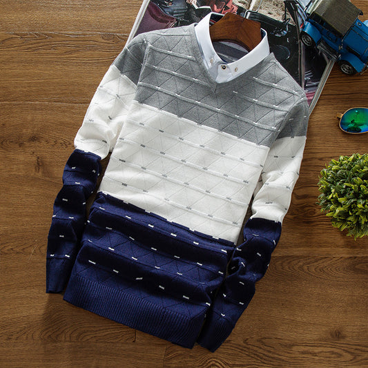 Herrestrikket Sweater Falsk Todelt Skjortekrave Sweater til Mænd