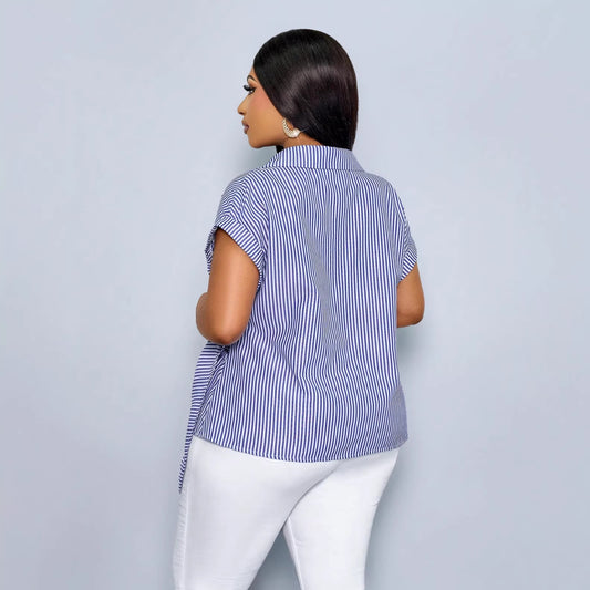 New Striped Loose-fitting Trendy Asymmetrical Lace-up Shirt