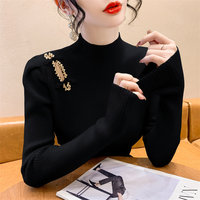 Women's Autumn And Winter National Style Puff Sleeve Half Turtleneck Slim-fit Underwear Sweater