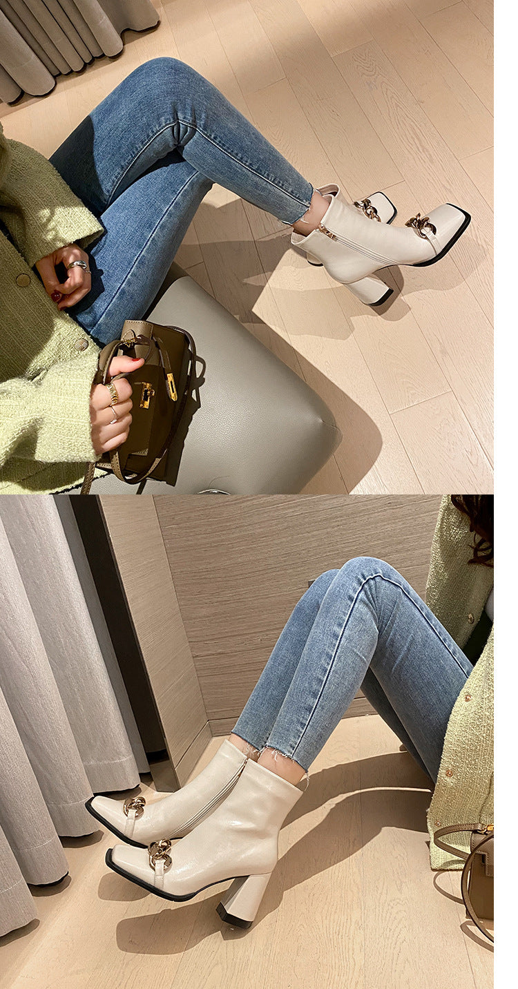 Women's Autumn And Winter Square Toe High-heeled Short Boots Thick Heel